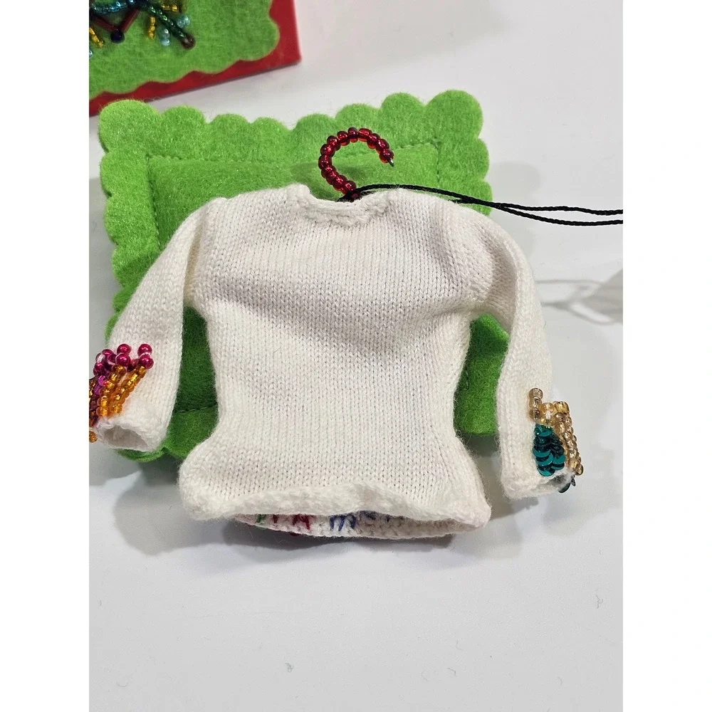 Michael Simon Cat Miniature Sweater Christmas Ornament Beaded White Knit New Box